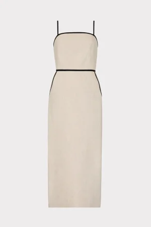 Cocktail Dresses-MILLY Amara Linen Contrast Midi Dress Natural