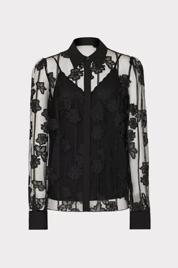 Jumpsuits & Rompers-MILLY Ashton 3D Butterfly Embroidery Blouse Black