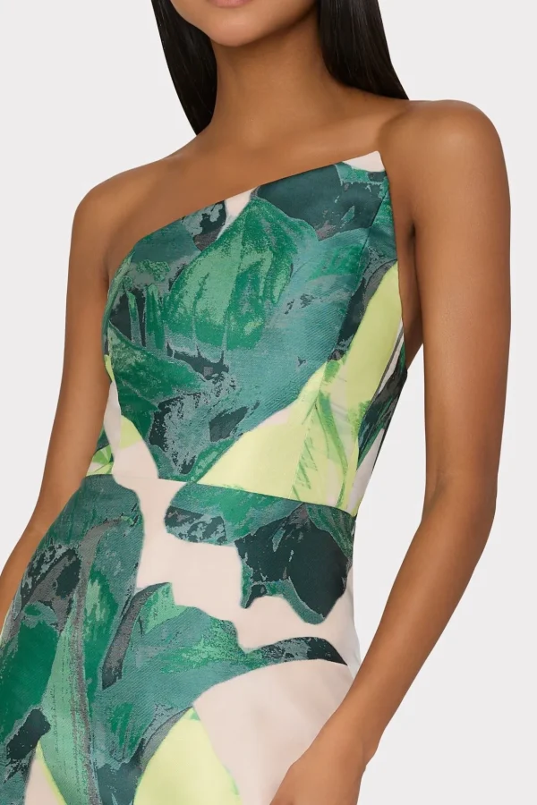 Jumpsuits & Rompers-MILLY Asymetrical Tropical Forest Jacquard Midi Dress Green Multi
