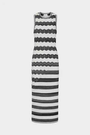 Day Dresses-MILLY Asymetrical Zig Zag Midi Dress Black/Ecru