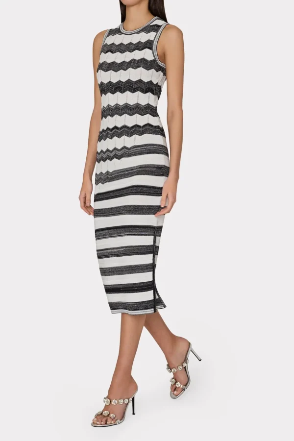 Sweaters & Knits-MILLY Asymetrical Zig Zag Midi Dress Black/Ecru