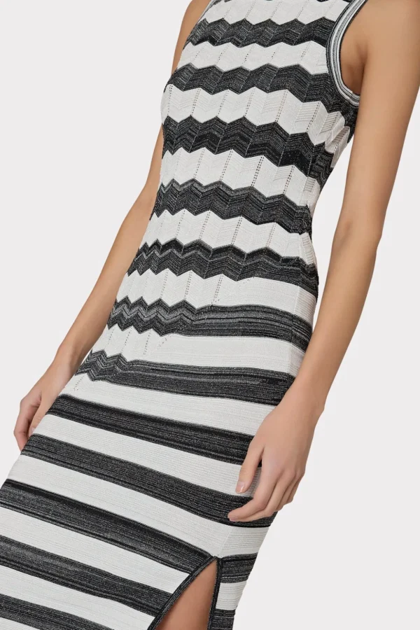 Sweaters & Knits-MILLY Asymetrical Zig Zag Midi Dress Black/Ecru