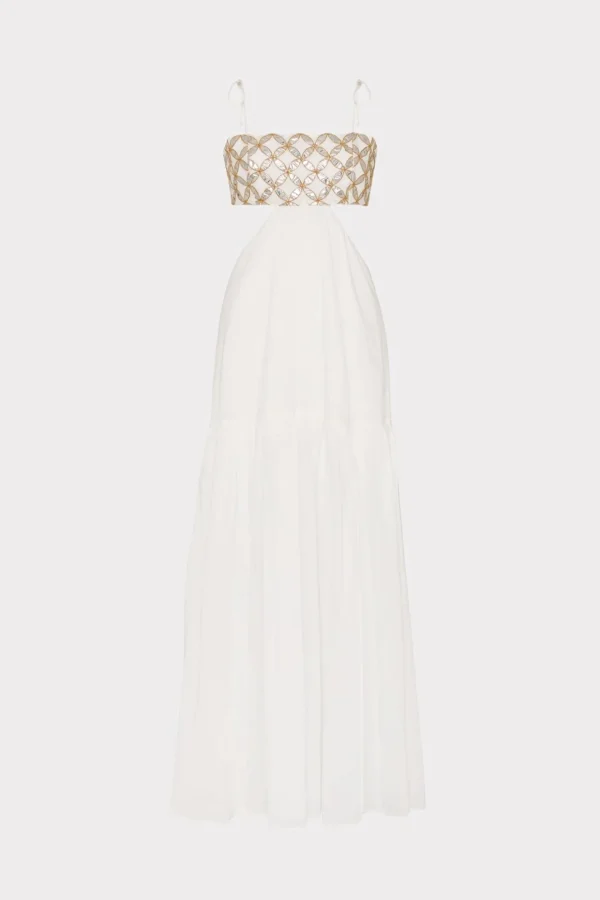 Jumpsuits & Rompers-MILLY Atalia Mirrored Embroidery Maxi Cover-Up Dress White/Gold