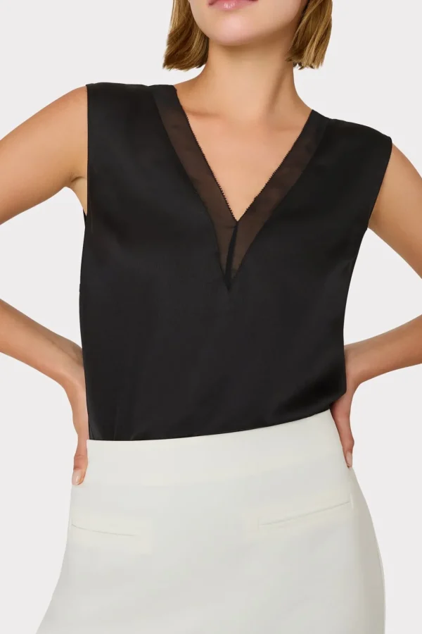 Tops-MILLY Avianna Satin Sleeveless Top Black