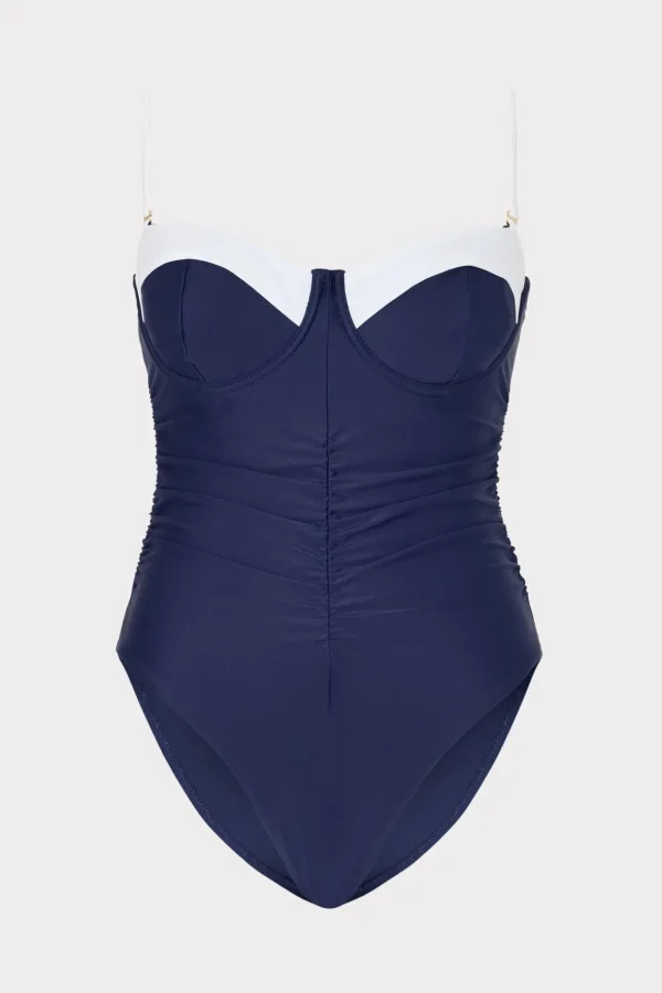 One Piece Swimsuits-MILLY Color Block Ruched One Piece Navy/White