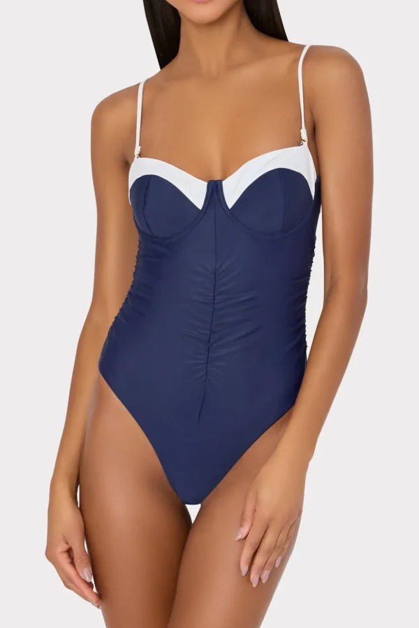 One Piece Swimsuits-MILLY Color Block Ruched One Piece Navy/White