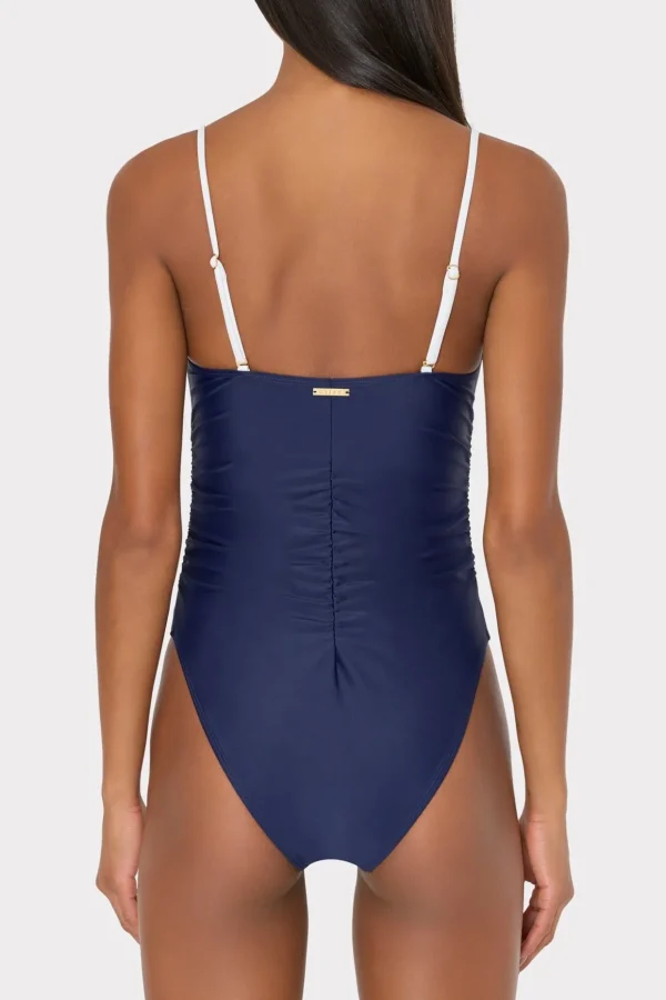 One Piece Swimsuits-MILLY Color Block Ruched One Piece Navy/White
