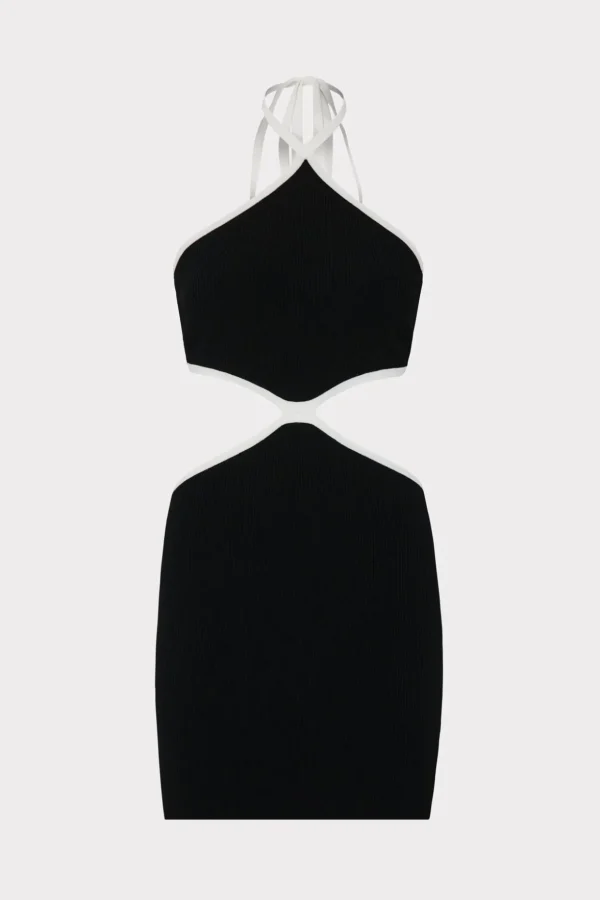 Little Black Dresses-MILLY Contrast Trim Halter Mini Dress Black/Ecru