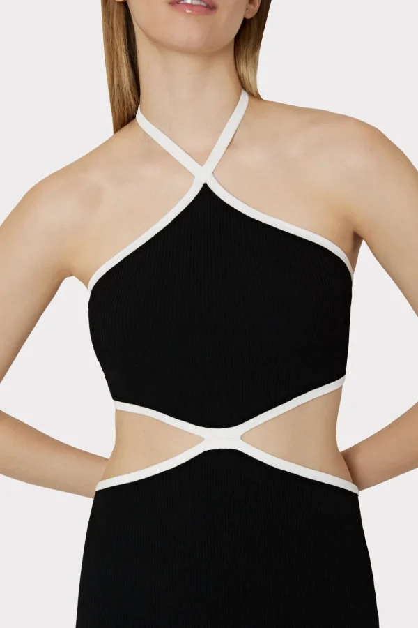 Knit Dresses-MILLY Contrast Trim Halter Mini Dress Black/Ecru