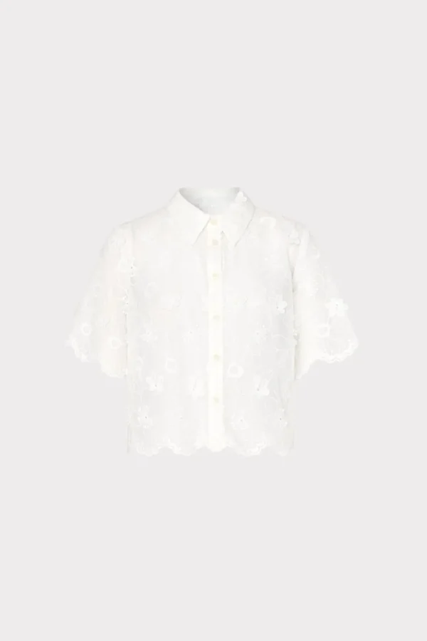 Cover-Ups-MILLY 3D Floral Cotton Eyelet Button Up Top White
