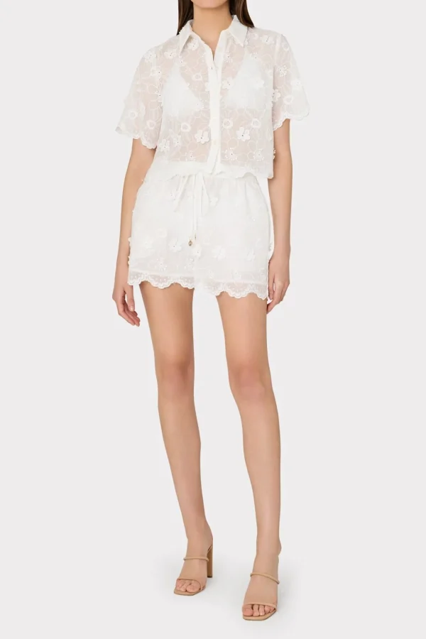 Cover-Ups-MILLY 3D Floral Cotton Eyelet Button Up Top White