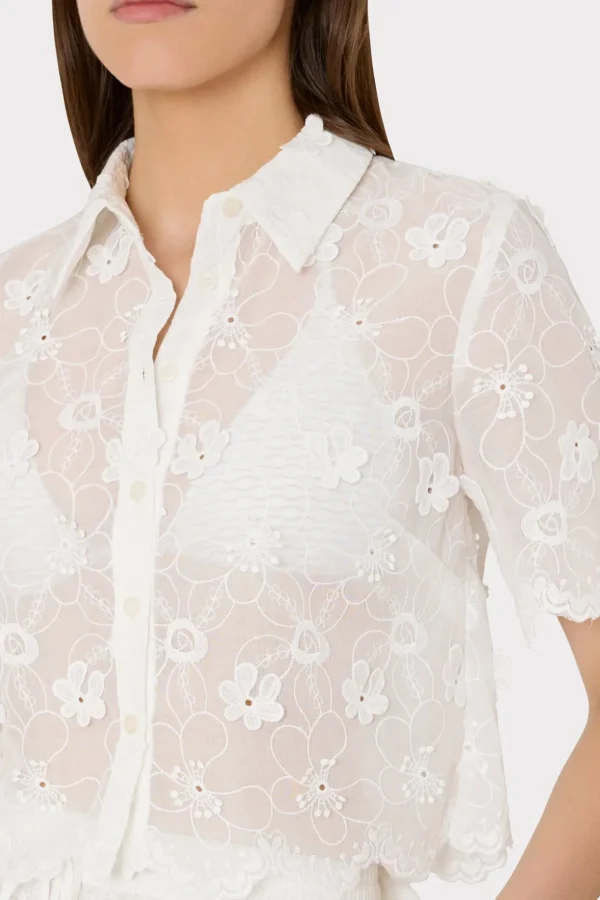Cover-Ups-MILLY 3D Floral Cotton Eyelet Button Up Top White