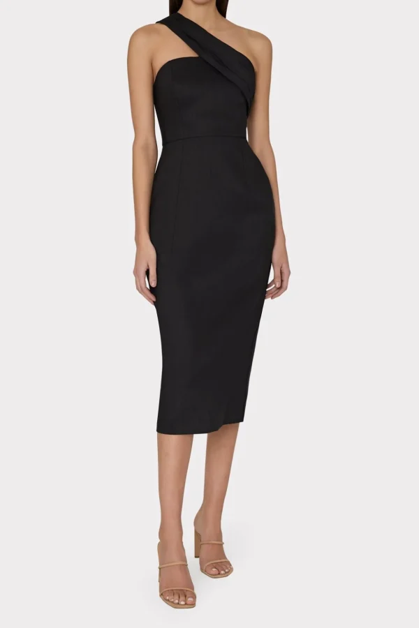 draped_one_shoulder_linen_1-3.webp Guest Of Dresses-MILLY Draped One Shoulder Linen Dress Black