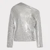 Tops-MILLY Draped One Shoulder Sequins Top Silver