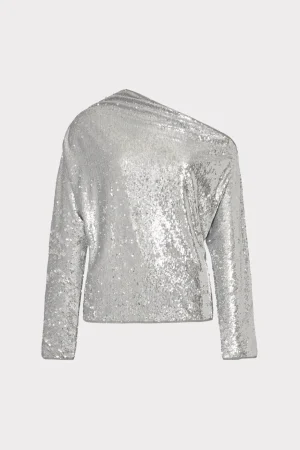 draped_one_shoulder_sequi_0.webp Tops-MILLY Draped One Shoulder Sequins Top Silver