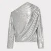 Tops-MILLY Draped One Shoulder Sequins Top Silver