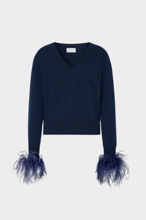 feather_cuff_vneck_sweate_0-2.webp Tops-MILLY Feather Cuff V-Neck Sweater Navy