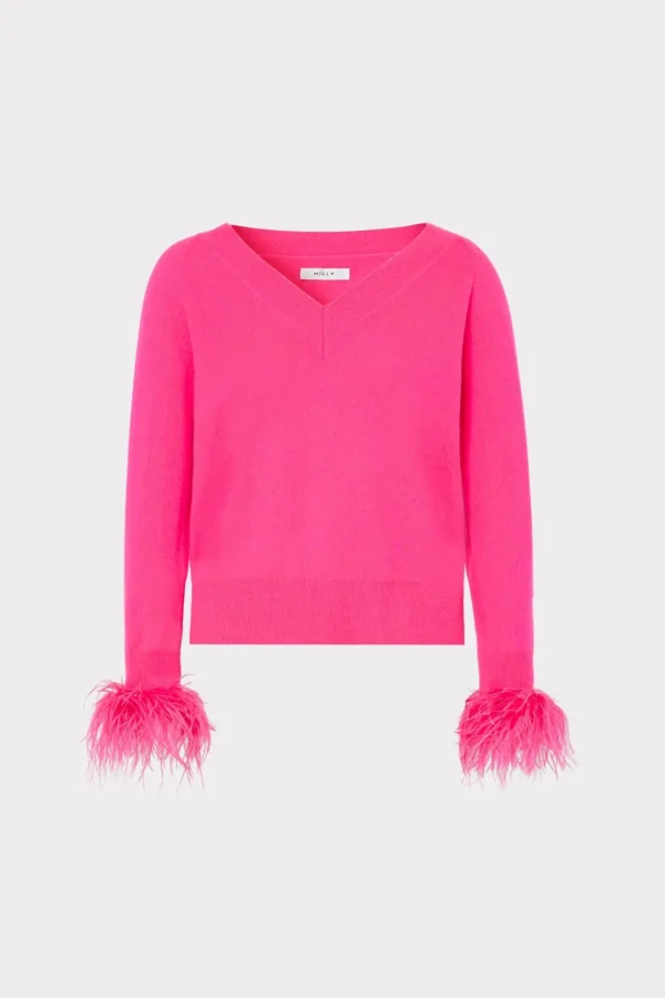 feather_cuff_vneck_sweate_0.webp Jumpsuits & Rompers-MILLY Feather Cuff V-Neck Sweater Milly Pink