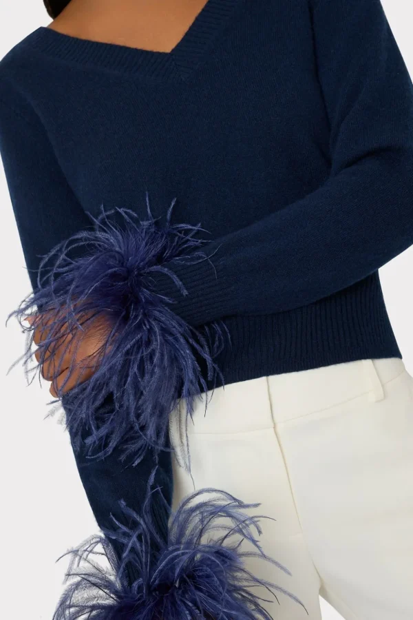 feather_cuff_vneck_sweate_2-1.webp Sweaters & Knits-MILLY Feather Cuff V-Neck Sweater Navy