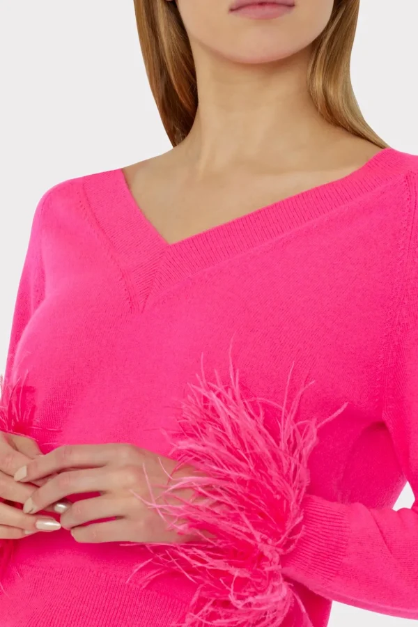 feather_cuff_vneck_sweate_2.webp Jumpsuits & Rompers-MILLY Feather Cuff V-Neck Sweater Milly Pink