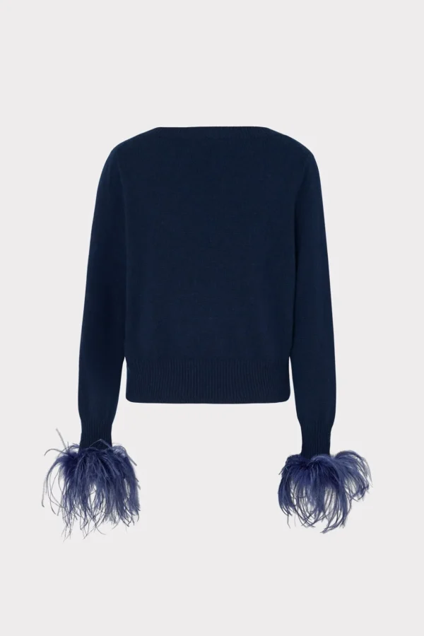 feather_cuff_vneck_sweate_3-1.webp Sweaters & Knits-MILLY Feather Cuff V-Neck Sweater Navy