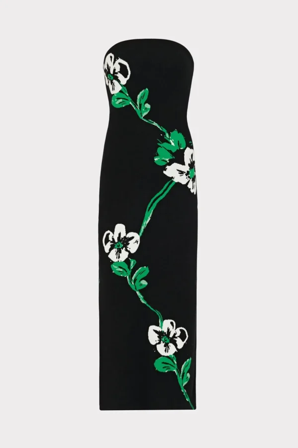 floral_jacquard_strapless_0-2.webp Day Dresses-MILLY Floral Jacquard Strapless Midi Dress Black Multi