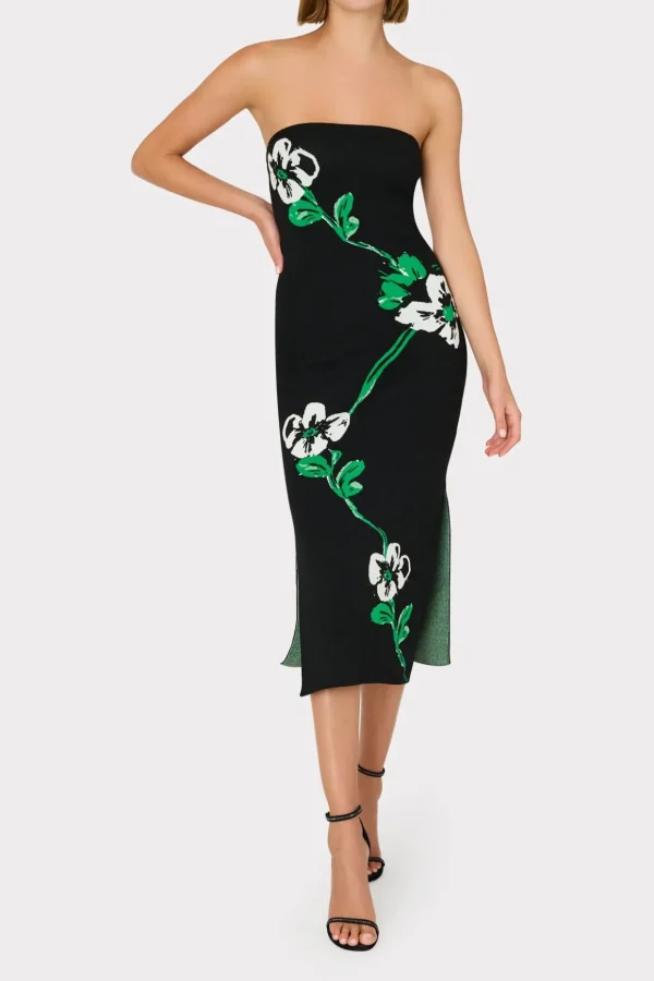 floral_jacquard_strapless_1-2.webp Day Dresses-MILLY Floral Jacquard Strapless Midi Dress Black Multi