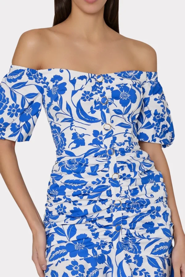 Mini Dresses-MILLY Flowers Of Spain Off The Shoulder Dress Blue/White
