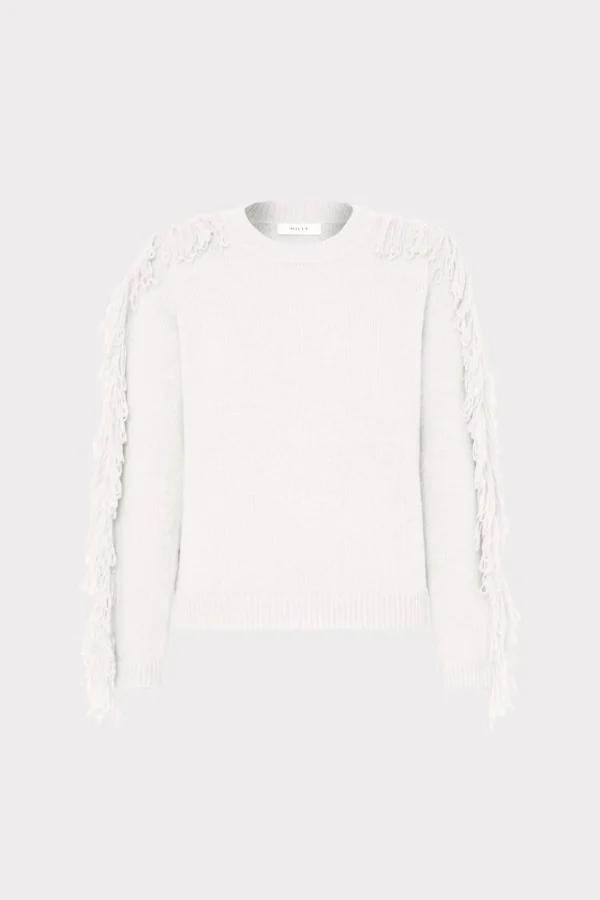 Sweaters & Knits-MILLY Fringe Sleeve Crewneck Sweater Ecru