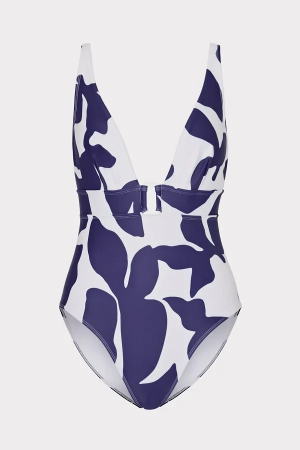 One Piece Swimsuits-MILLY Grand Foliage One Piece Navy/White