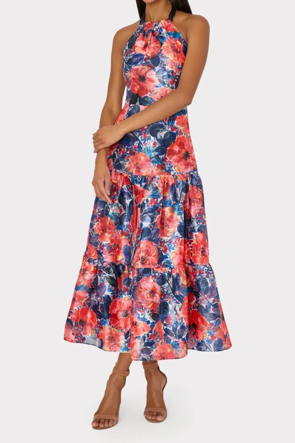 Cocktail Dresses-MILLY Hayden Watercolor Poppy Jacquard Dress Red Multi