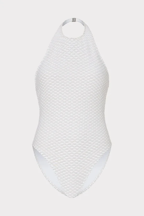 One Piece Swimsuits-MILLY Jackie Textured Waves Halter One Piece White