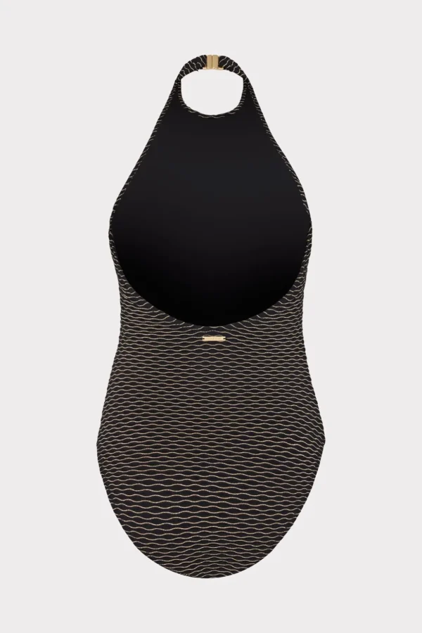 Jumpsuits & Rompers-MILLY Jackie Textured Waves Halter One Piece Black