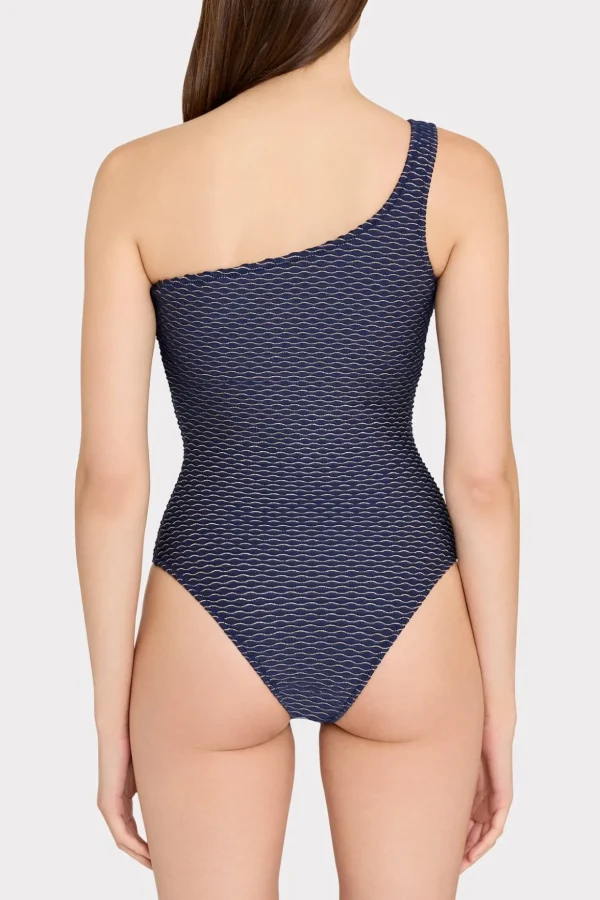 Jumpsuits & Rompers-MILLY Joni Textured Waves One Shoulder One Piece Navy
