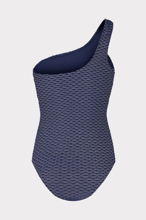 Jumpsuits & Rompers-MILLY Joni Textured Waves One Shoulder One Piece Navy