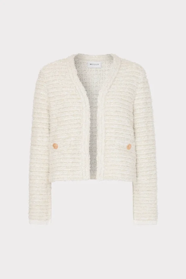 Coats & Jackets-MILLY Knit Textured Boucle Cardigan Jacket Ecru Multi