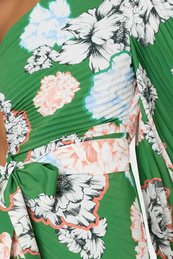 Mini Dresses-MILLY Linden Petals In Bloom Pleated Dress Green Multi