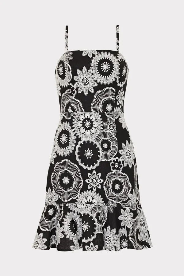 Sundresses-MILLY Linen Embroidered Dress Black/White