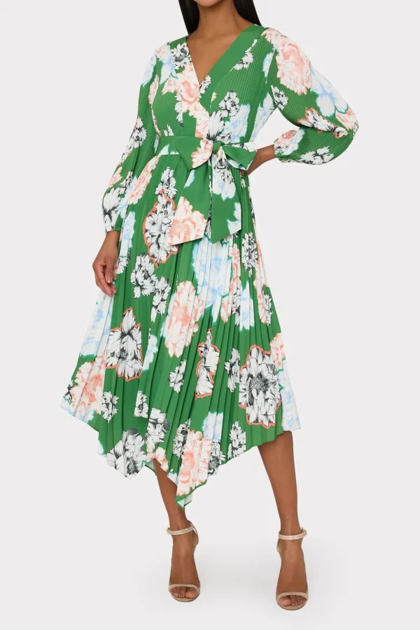 Guest Of Dresses-MILLY Liora Petals In Bloom Pleated Dress Green Multi