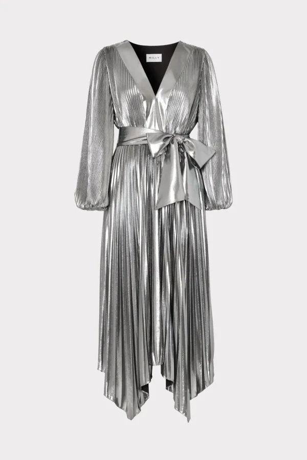 Maxi Dresses-MILLY Liora Pleated Lame Dress Silver