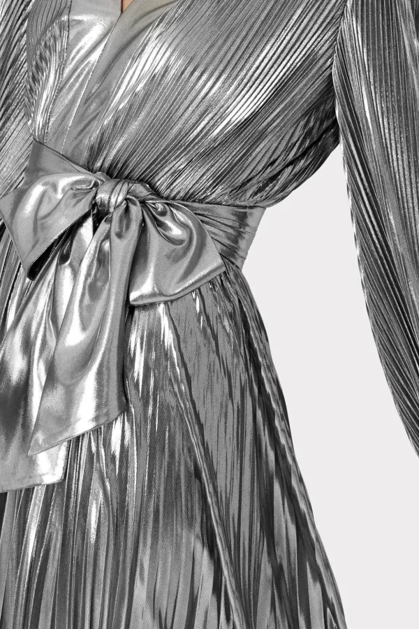 Maxi Dresses-MILLY Liora Pleated Lame Dress Silver
