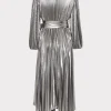 Maxi Dresses-MILLY Liora Pleated Lame Dress Silver