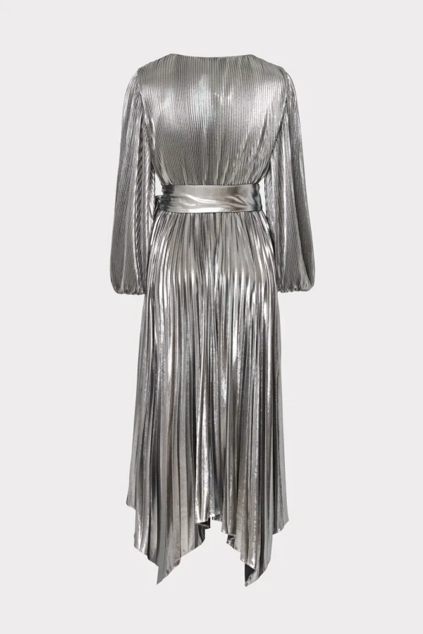 Maxi Dresses-MILLY Liora Pleated Lame Dress Silver
