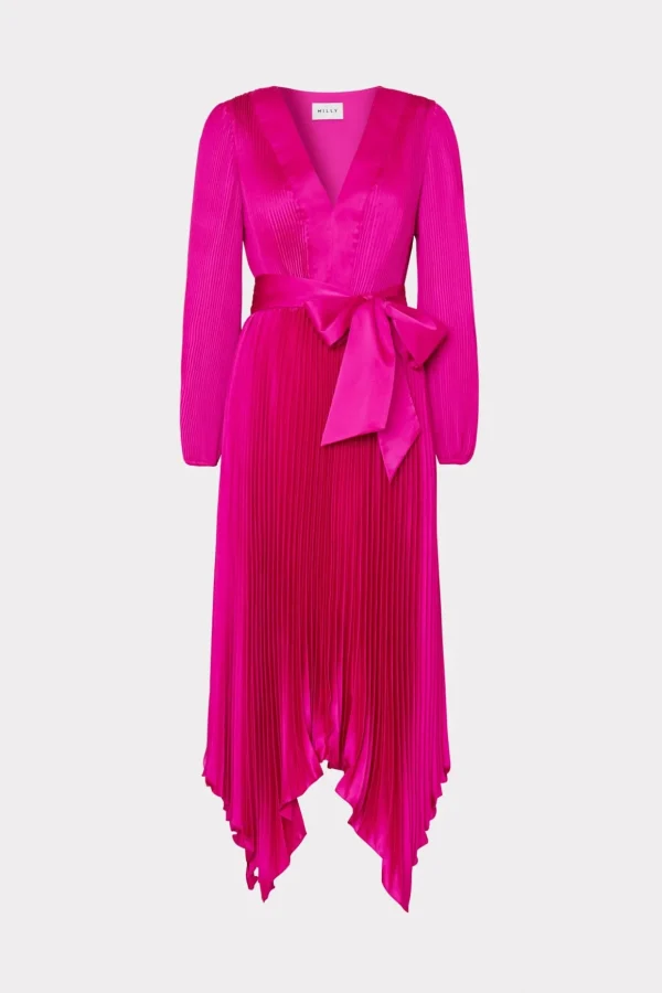 liora_satin_pleated_dress_0.webp Pink Dresses-MILLY Liora Satin Pleated Dress Fuchsia