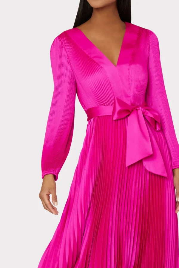 liora_satin_pleated_dress_2.webp Pink Dresses-MILLY Liora Satin Pleated Dress Fuchsia