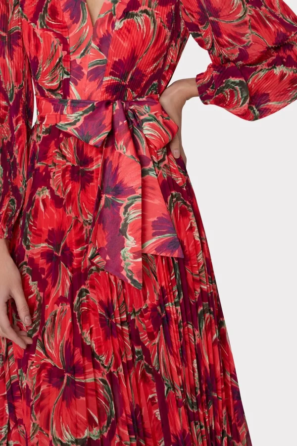 Jumpsuits & Rompers-MILLY Liora Windmill Floral Pleated Dress Red Multi