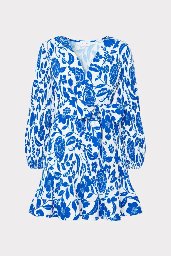 Mini Dresses-MILLY Liv Flowers Of Spain Pleated Dress Blue/White