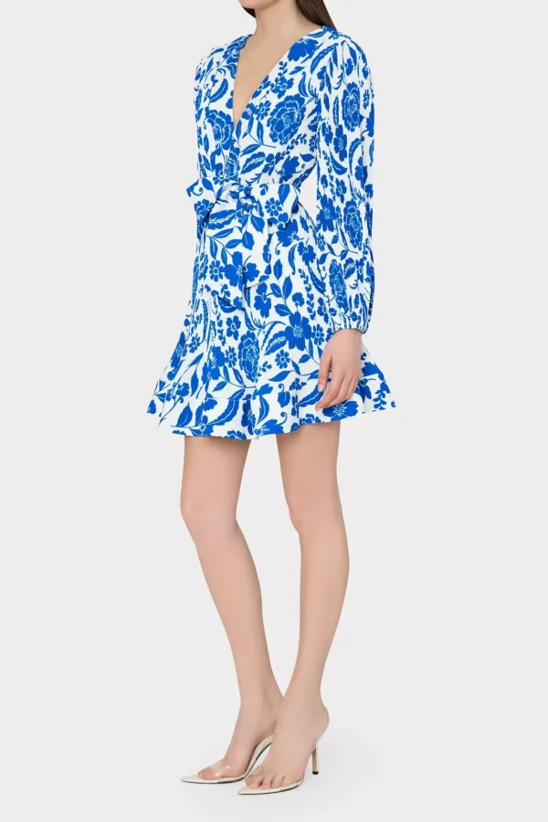 Mini Dresses-MILLY Liv Flowers Of Spain Pleated Dress Blue/White