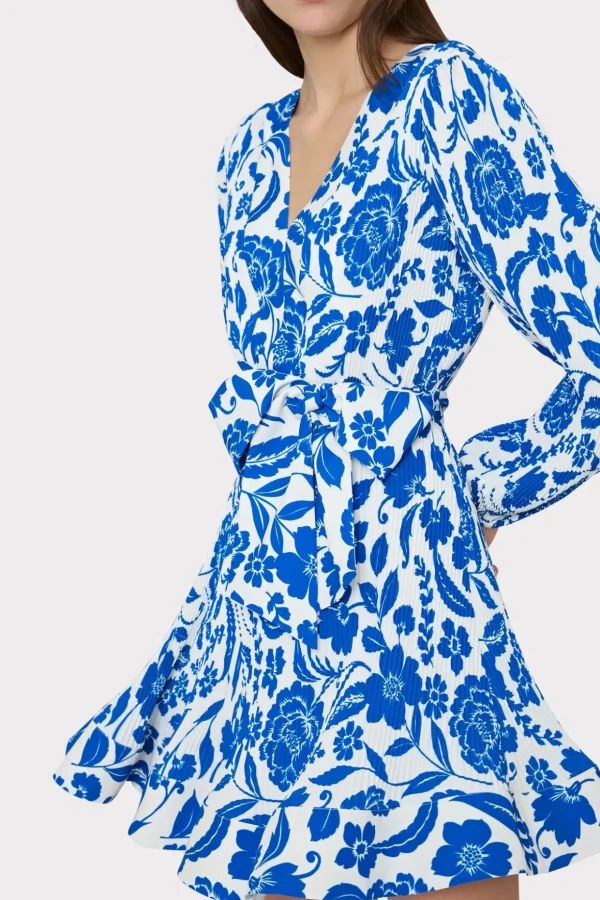 Mini Dresses-MILLY Liv Flowers Of Spain Pleated Dress Blue/White