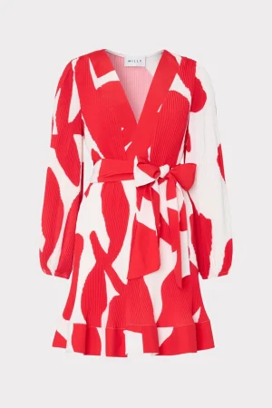 Day Dresses-MILLY Liv Grand Foliage Pleated Dress Red/White